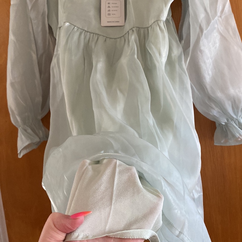 Womens Puff Sleeve Square Neck Puffy Dress Babydoll Mesh Mini Dress - Picture 5 of 5